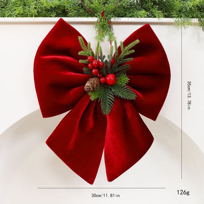 Wine Red Christmas Tree Bow Ornament With Pine Needle And Red Berry Accent