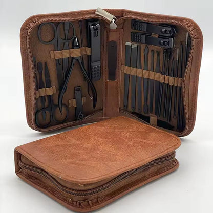 Open brown leatherette zipper case displaying a 26 piece manicure and pedicure kit with black metal tools.