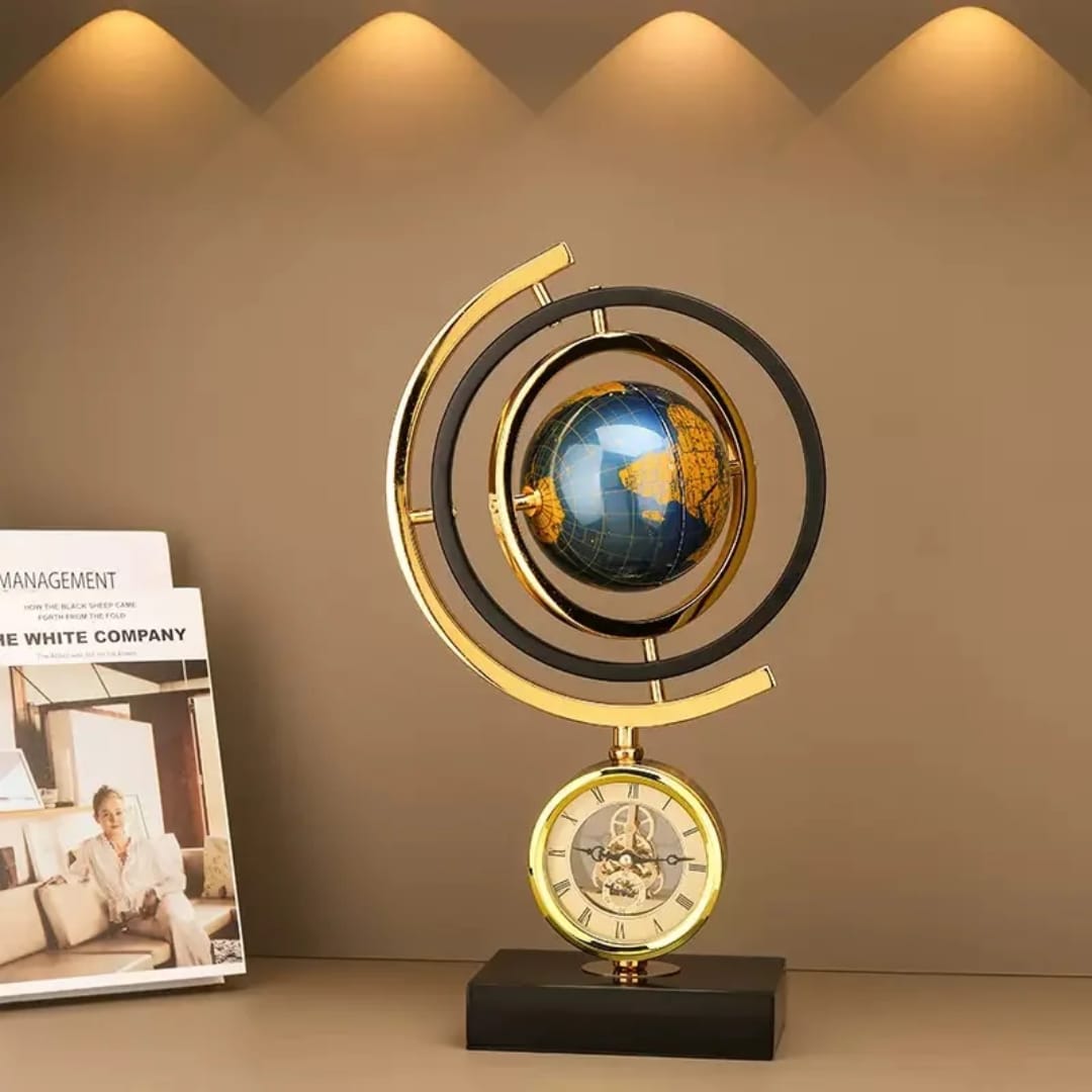 Gold Clock Globe With Marbke Bas