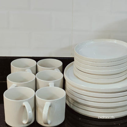 24pcs Ribbed White Ceramic Dinnerware Set