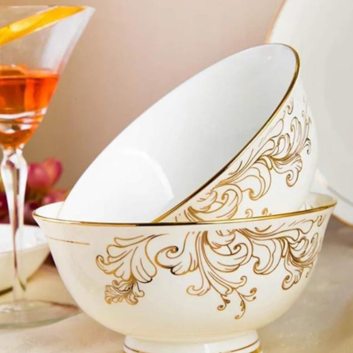 6pc White Bone Soup Bowl Set with Gold
