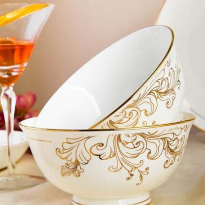 6pc White Bone Soup Bowl Set with Gold