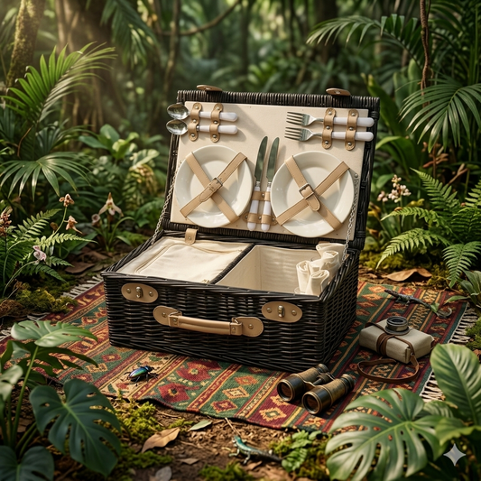 Four Person Woven Willow Picnic Hamper with Integrated Cooler Compartment
