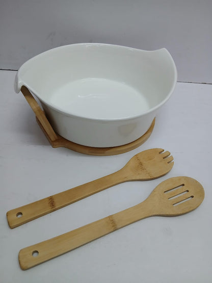 Ceramic salad bowl with bamboo stand