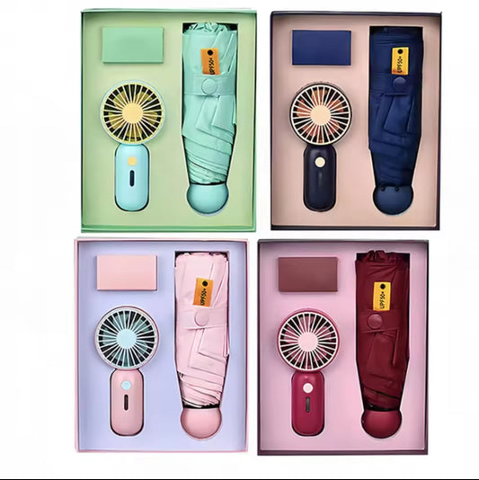 Four sets of umbrellas with fans in colorful boxes on a white background