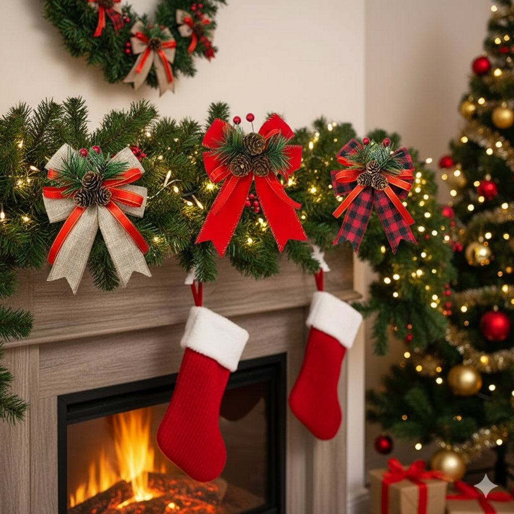 2 Christmas Bows With Pine Cones