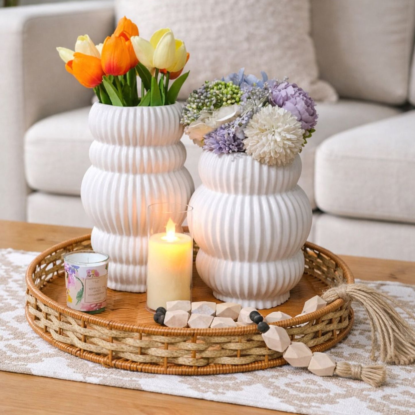 2Pcs White Ceramic Vase Set