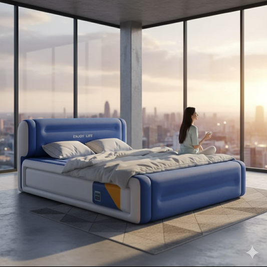 An inflated blue and white portable air bed mattress with a raised headrest, set up in a modern room with a large window and city view.