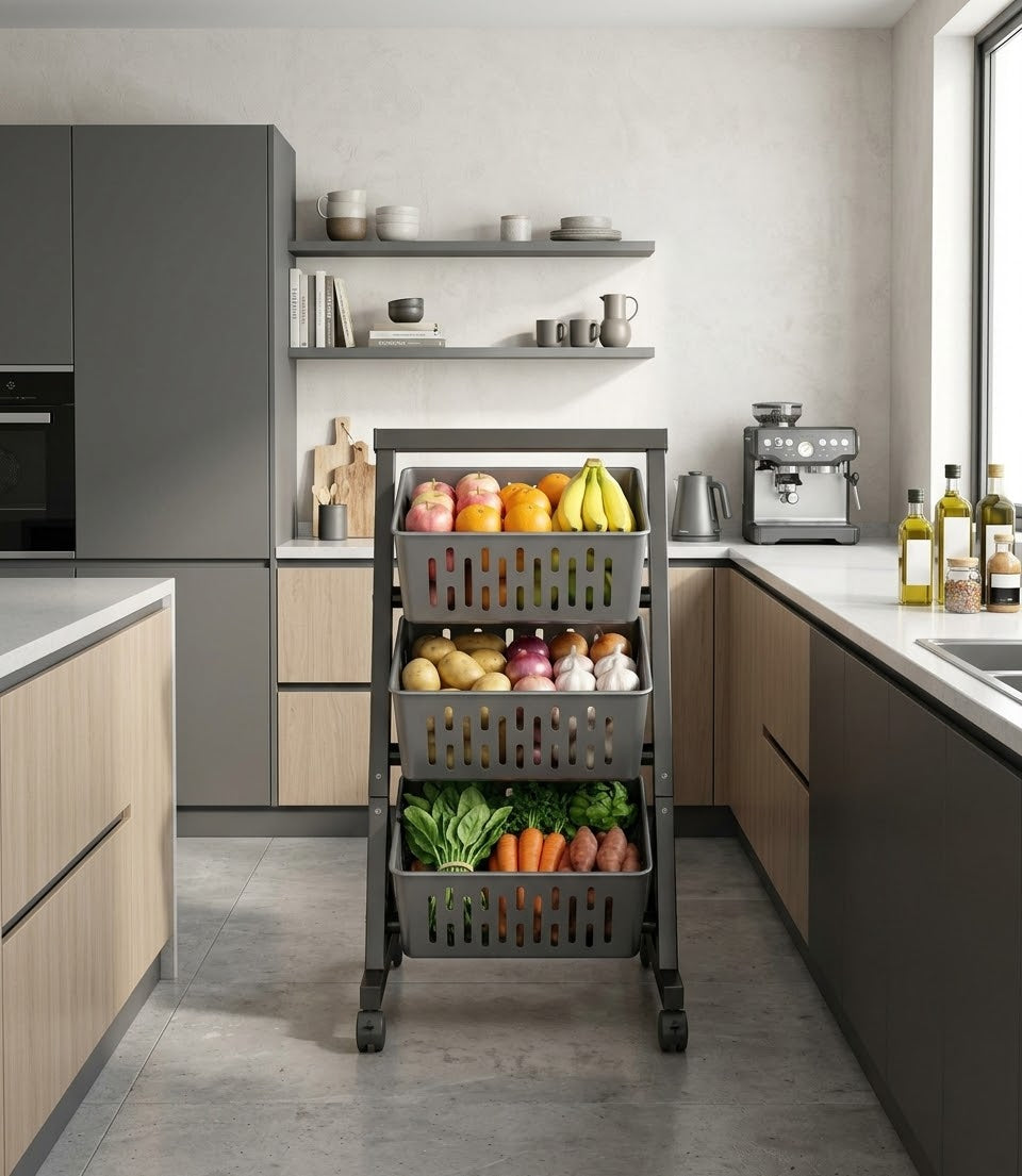 3 Tier Metallic Vegetable Fruit Rack with Movable and Lockable Wheels