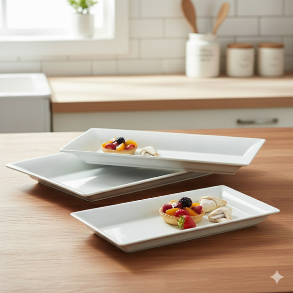 Set of 3 Deep White Ceramic Rectangular Platter Plates