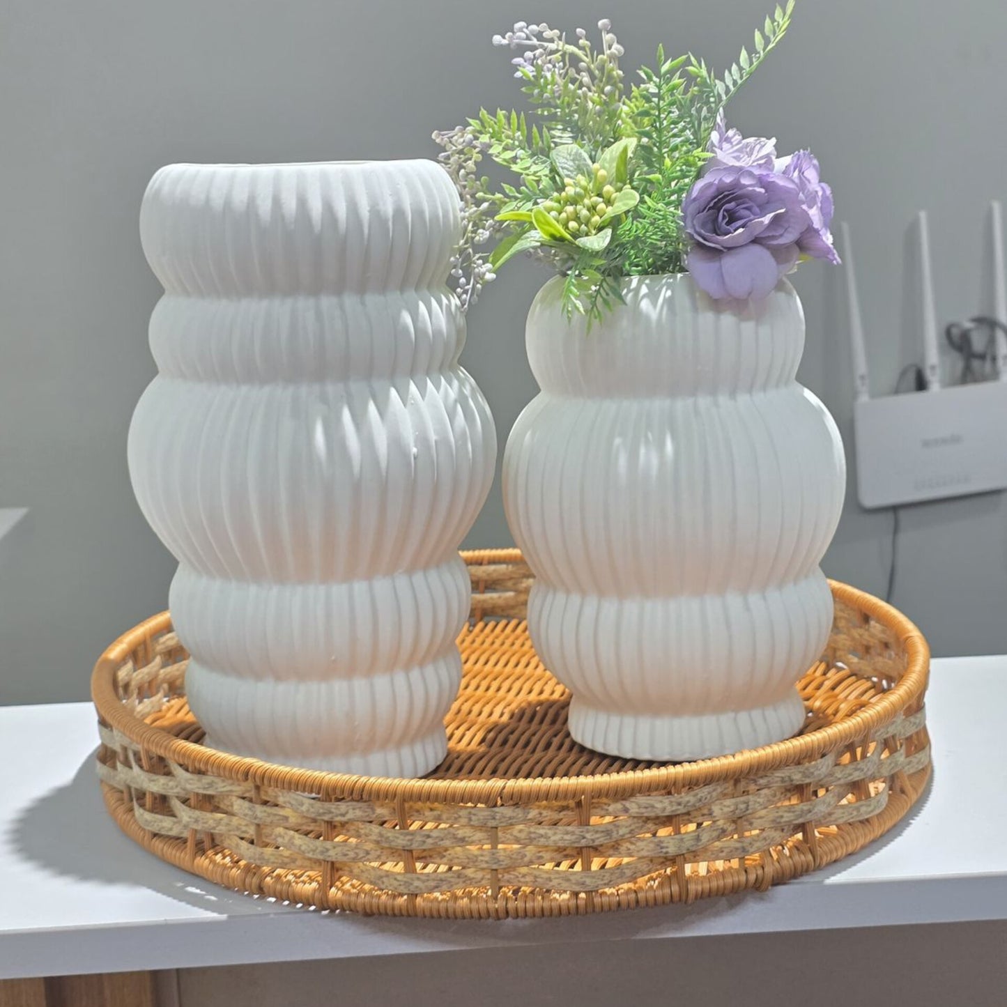 2 Piece Ribbed White Ceramic Vase Set