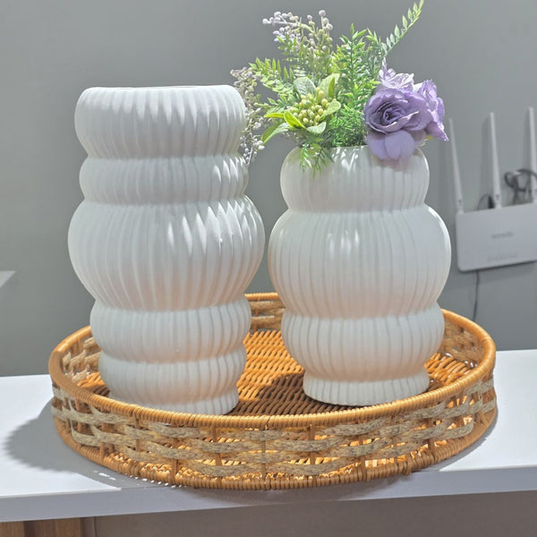 2 Piece Ribbed White Ceramic Vase Set