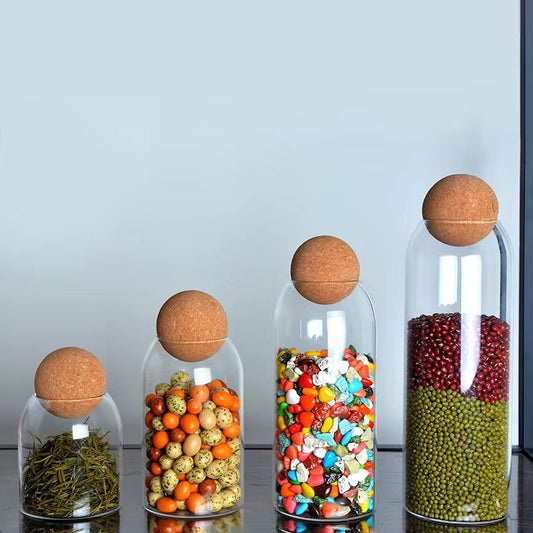 Set of 4 ball cork transparent jars