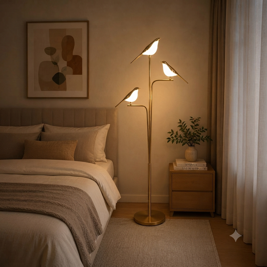 A modern three-arm floor lamp with bird-shaped white shades on a gold base.