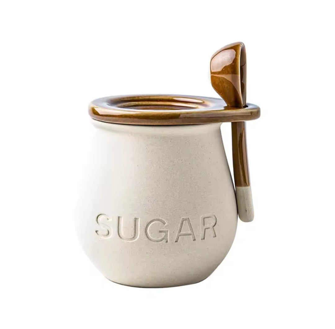 Ceramic Sugar Dish  with Lid and Spoon
