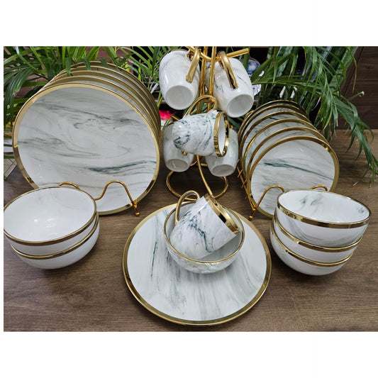 24Pc Marble Ceramic Dinner Set with Gold Rim