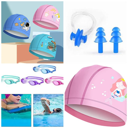 Kids 4 Piece Swimming Cap, Goggles and Accessory Set
