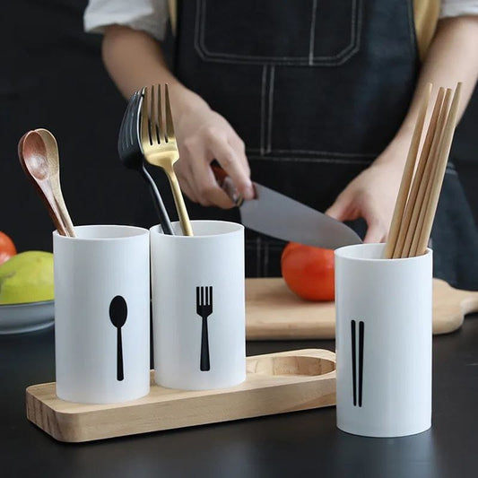 3Pc Cutlery holder organizer with wood base