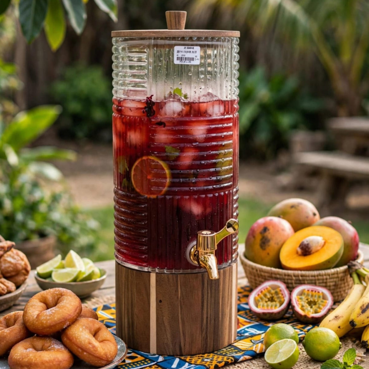 5L Glass Juice Dispenser With Wooden Base And Lid