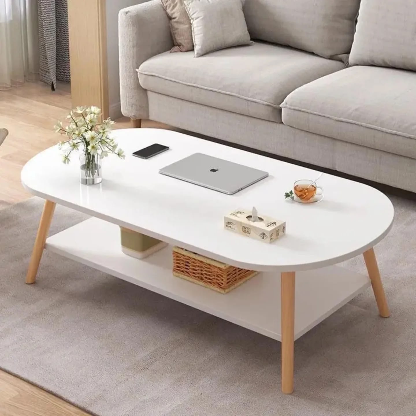 2 Tier White Coffee Table with Storage Shelf