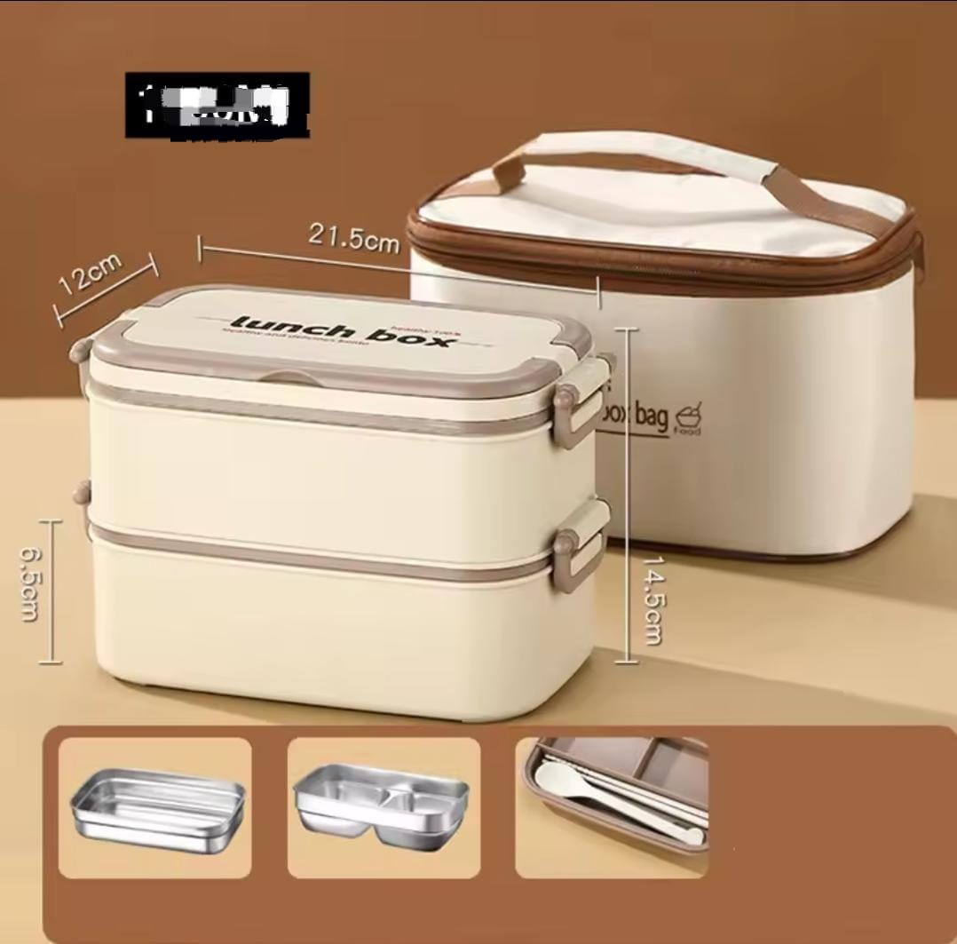 Double layer stainless insulated lunch box with lunch bag