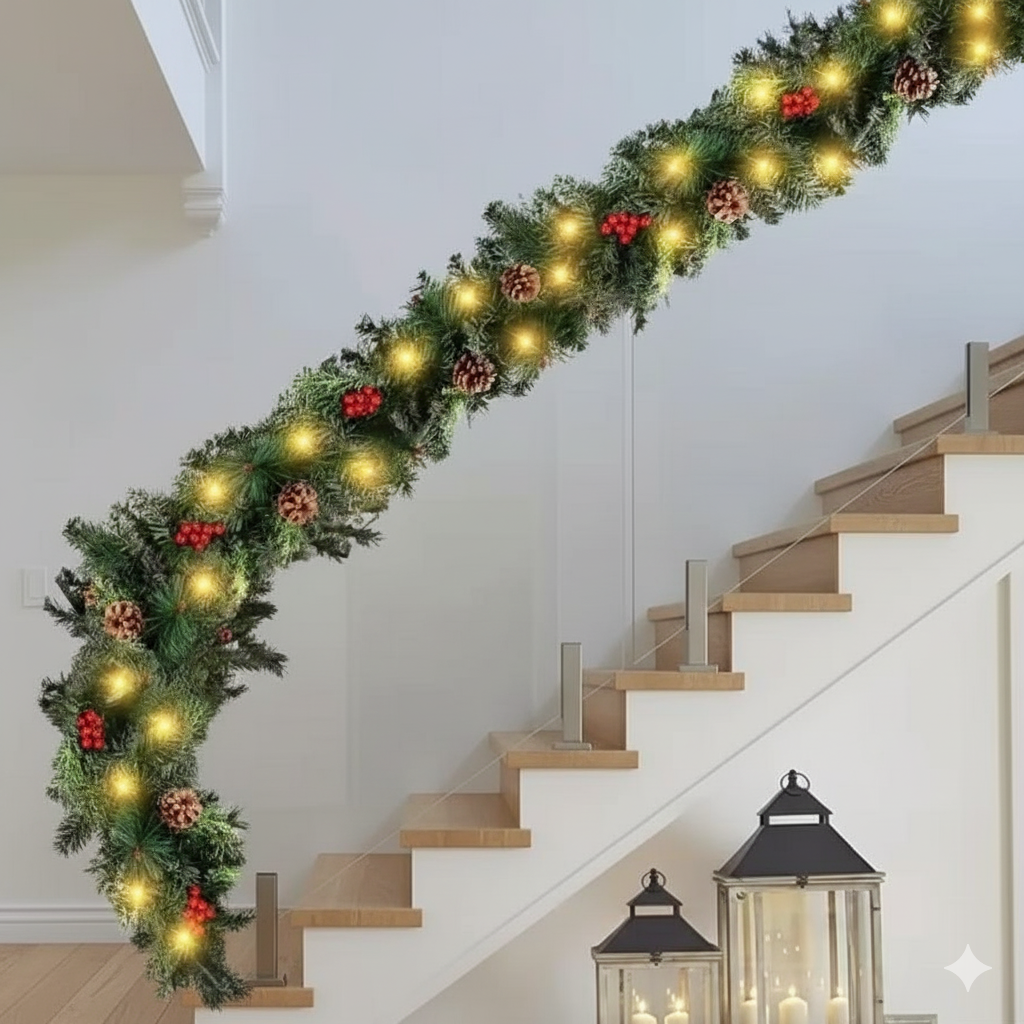 2.8M Christmas Garland With Lights Cones and Berries