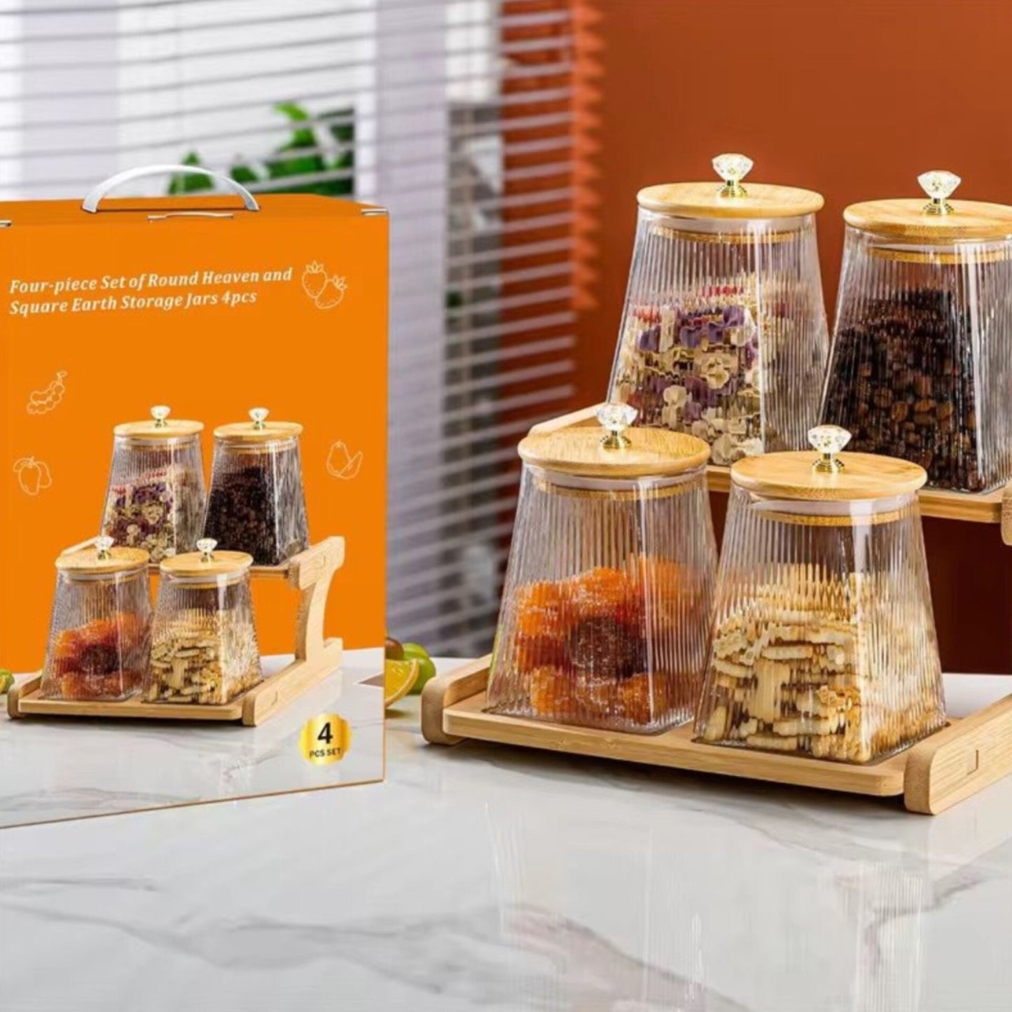 4pc Borosilicate Glass Storage Jar Set with Bamboo Stand