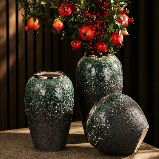 Dark Green and Gold Accent Vase Set 3pcs