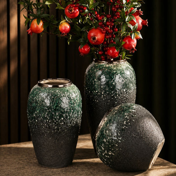 Dark Green and Gold Accent Vase Set 3pcs