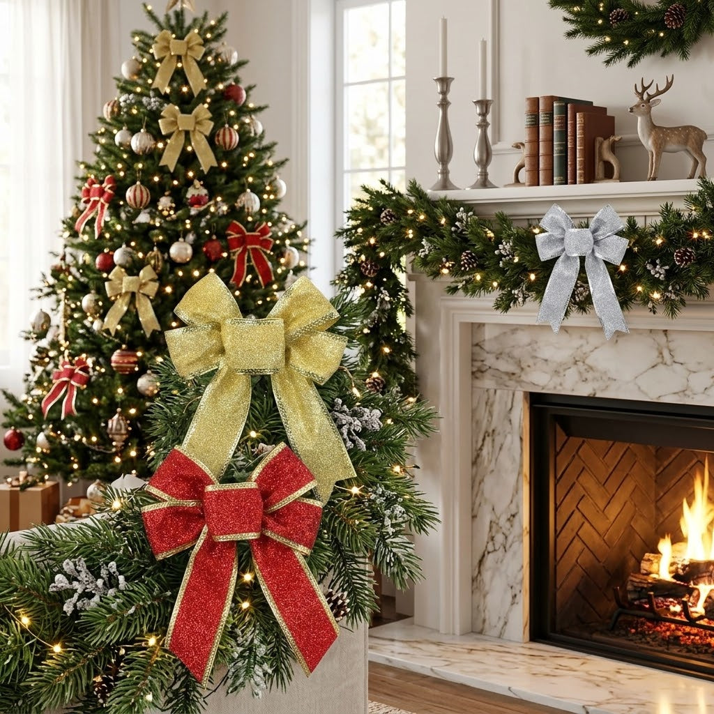 3 Piece Glitter Christmas Ribbon Bow Set