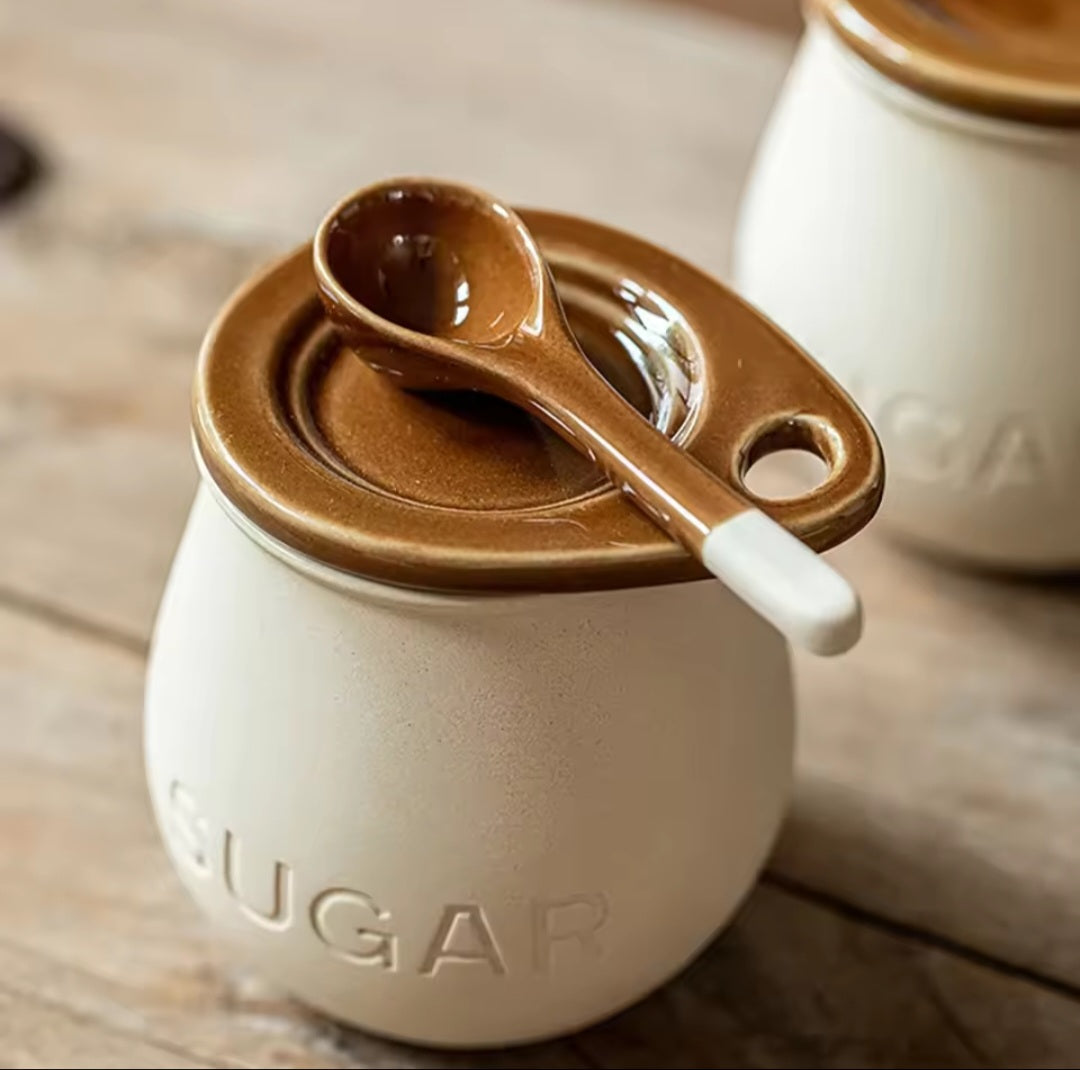 Ceramic Sugar Dish  with Lid and Spoon
