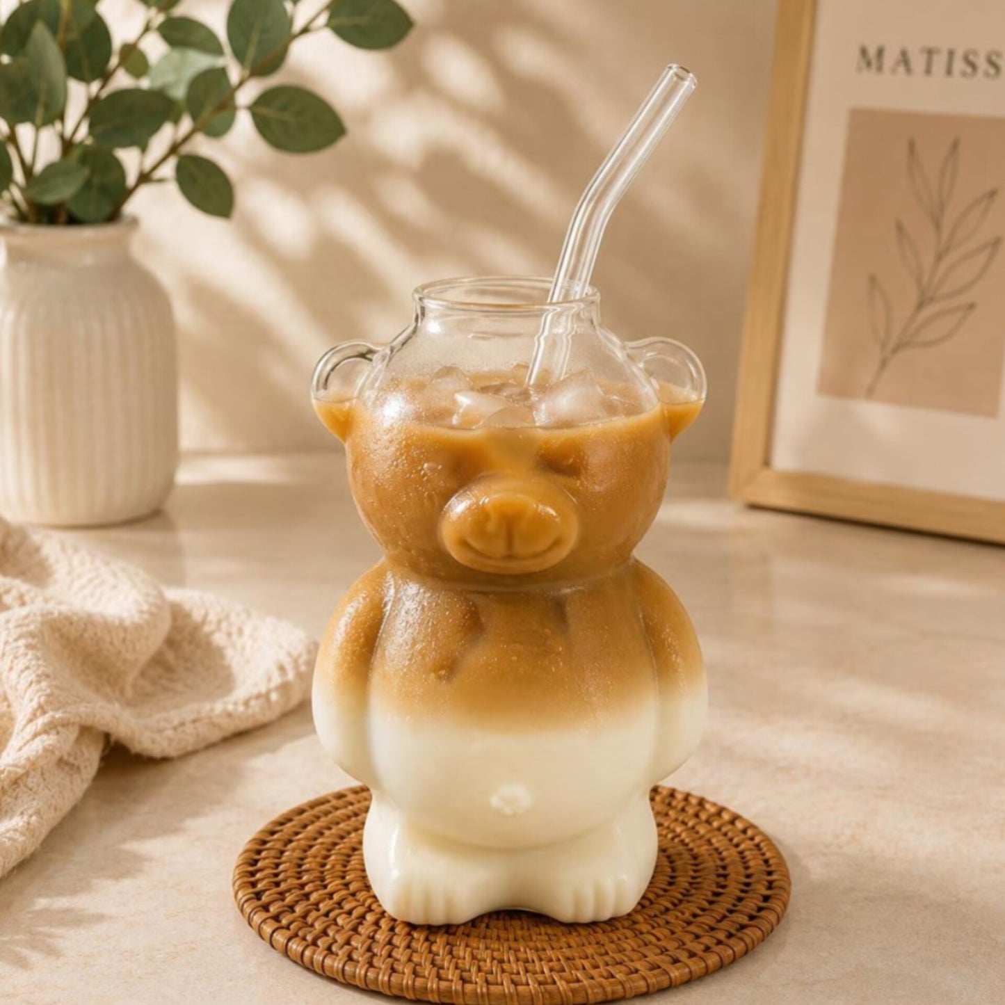 2 Piece Bear Glass Cup And Glass Straw Set