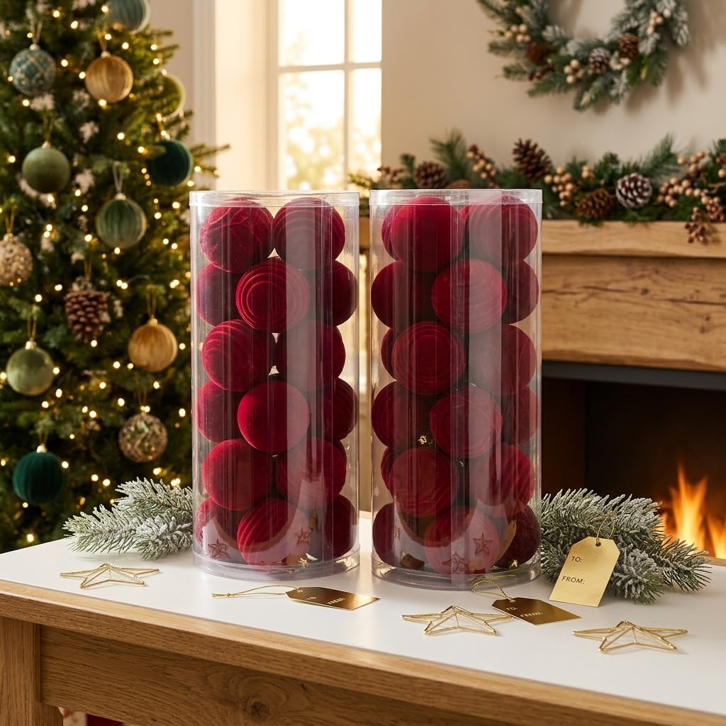 24Pc 8cm Red Velvet Christmas Decor Balls  Set