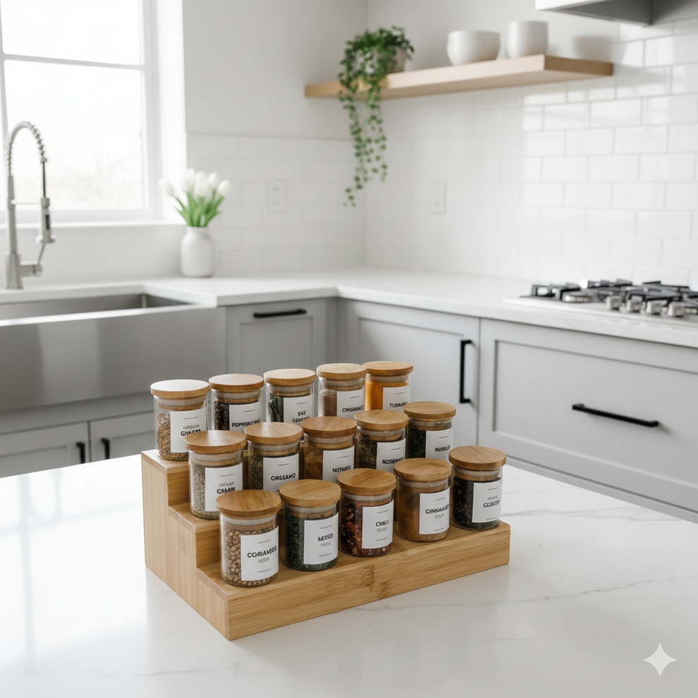 15Pcs glass spice jar set with bamboo stand – GEM HOME
