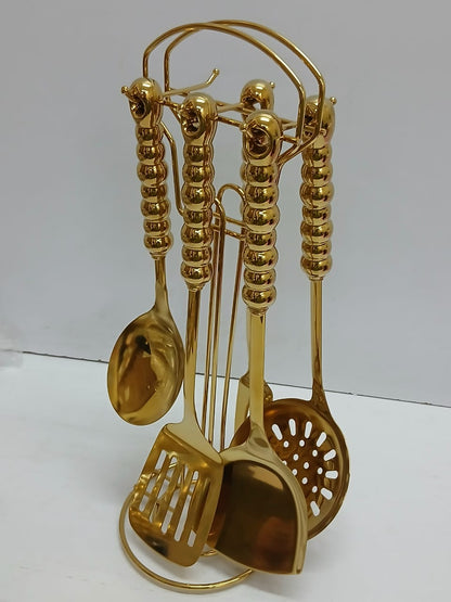 6 Pc gold serving spoon set with stand