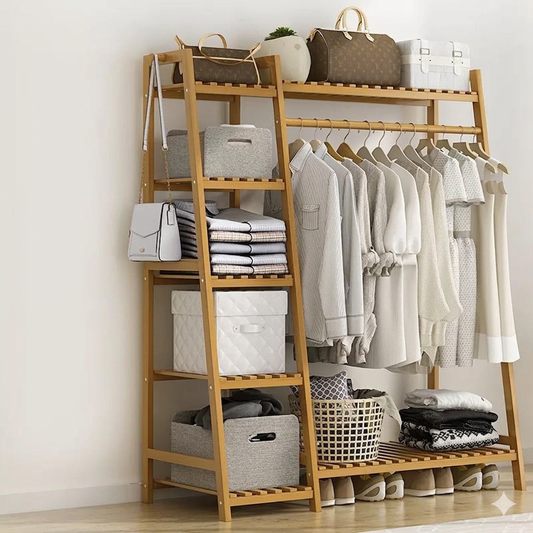 Bamboo Clothing Rack Garment Rack  Cloth Hanging and Storage Rack Gha
