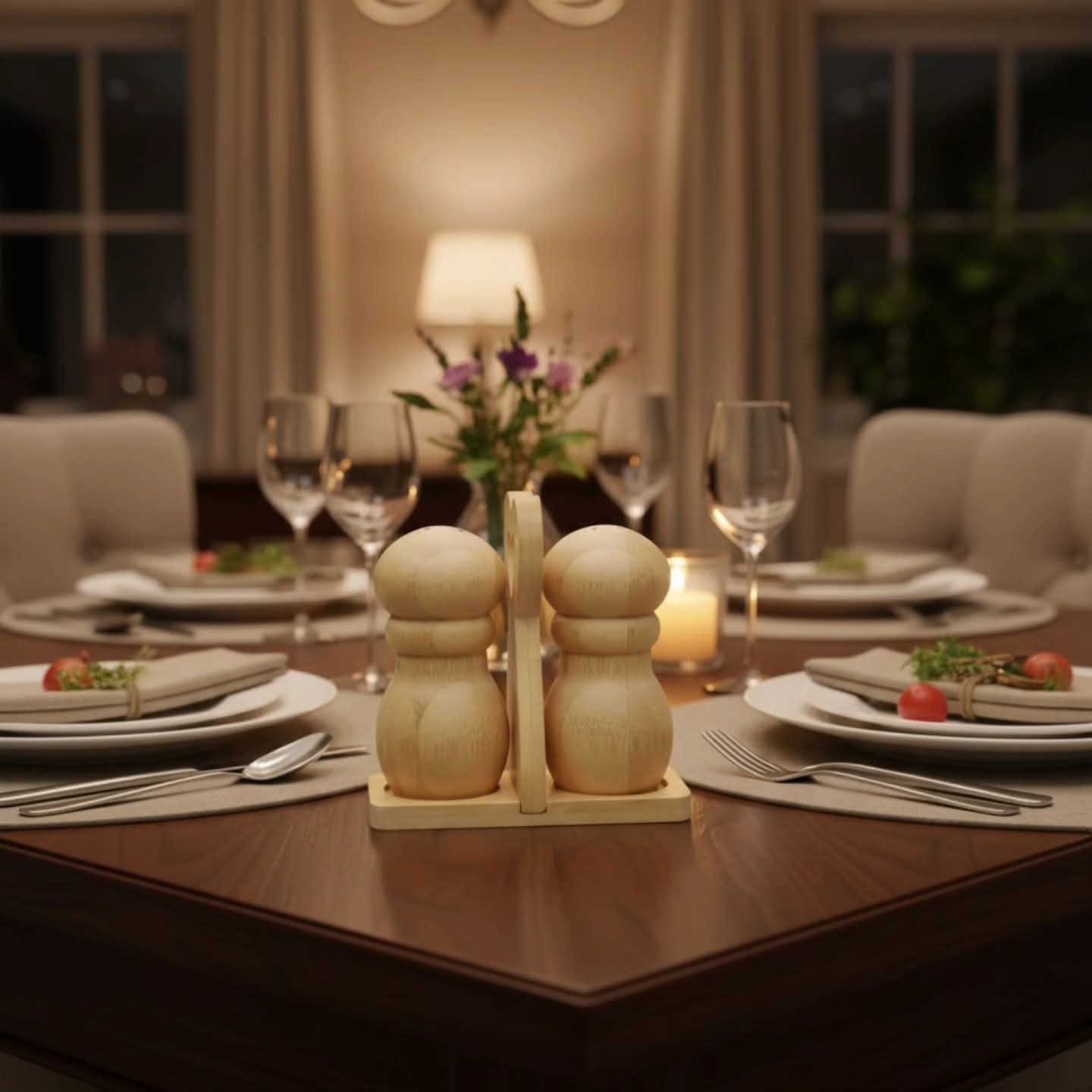 Bamboo Wood Salt and Pepper Shaker Set with Heart-Shaped Handle Caddy