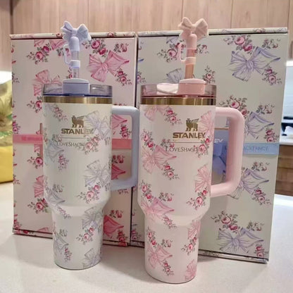 Floral stanley cup with straw topper