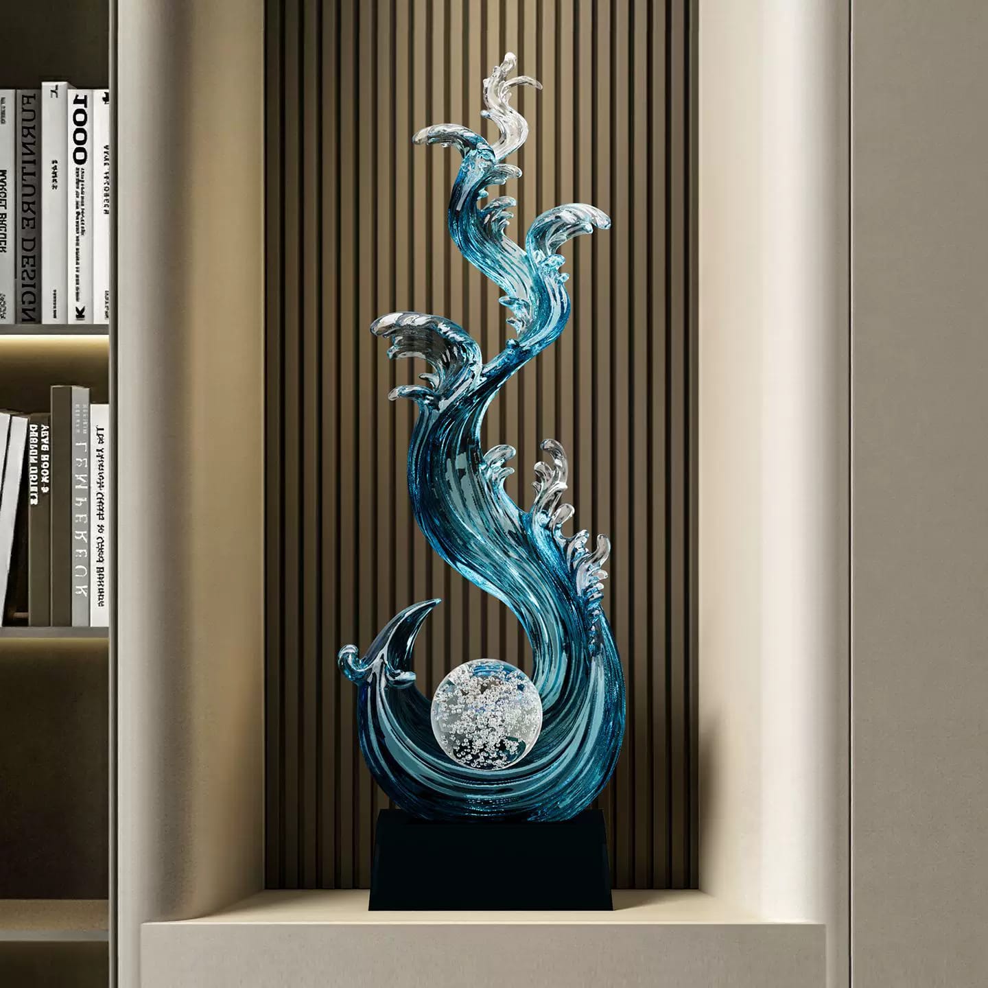 Blue and Clear Resin Ocean Wave Sculpture with Crystal Ball