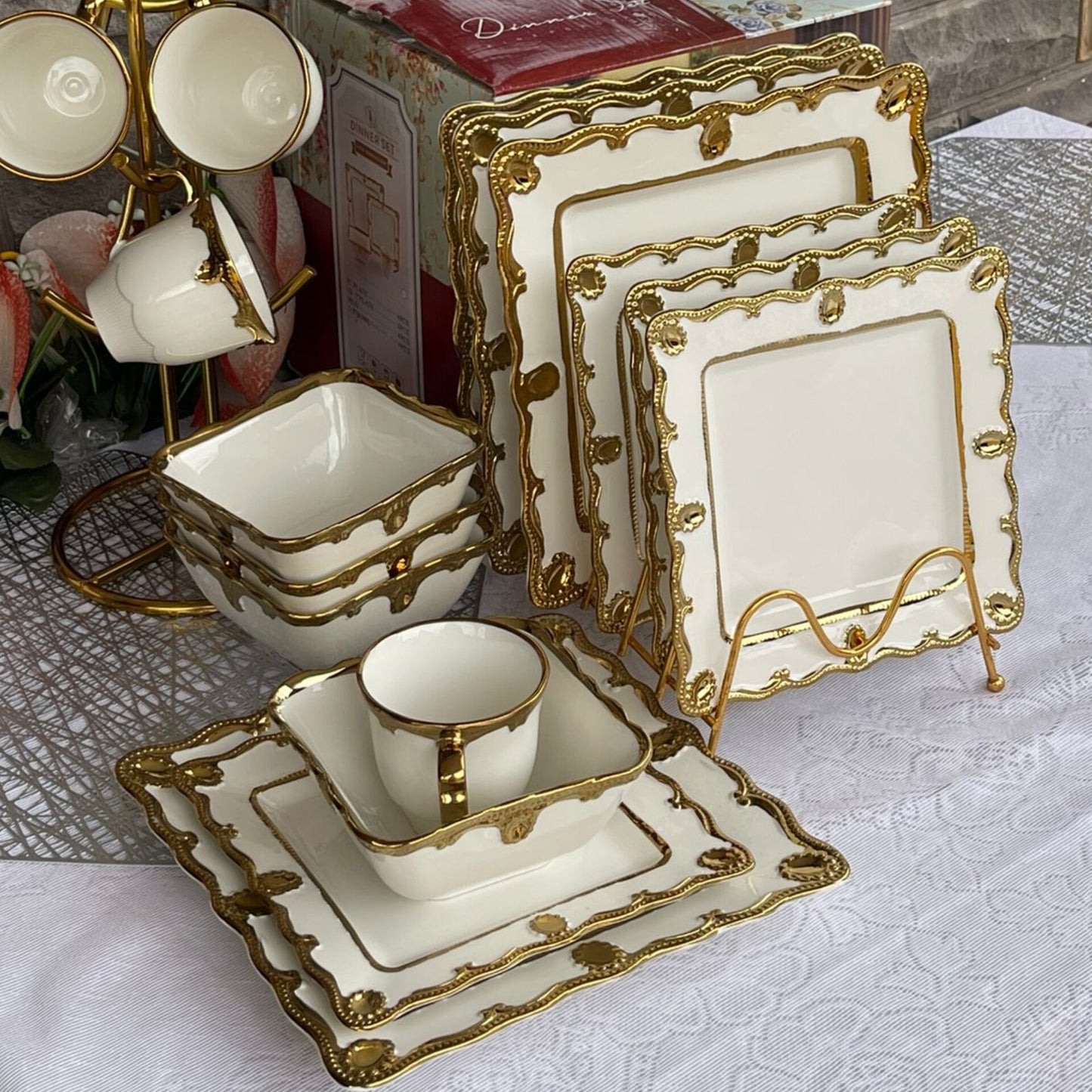 24Pcs White and Gold Dinner Set