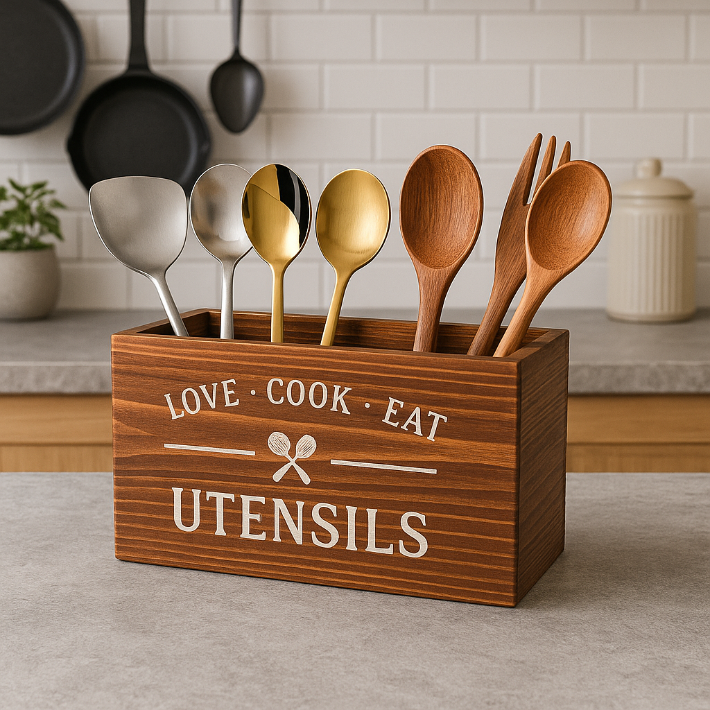 3 slot wooden cutlery holder