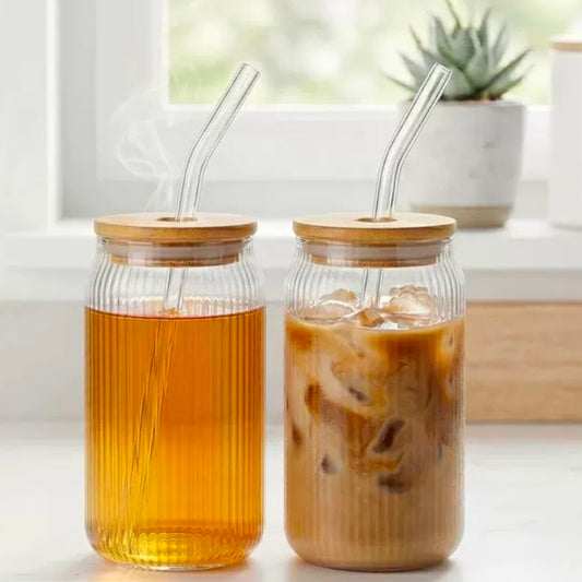 Ribbed Borosilicate Glass Cup with Bamboo Lid