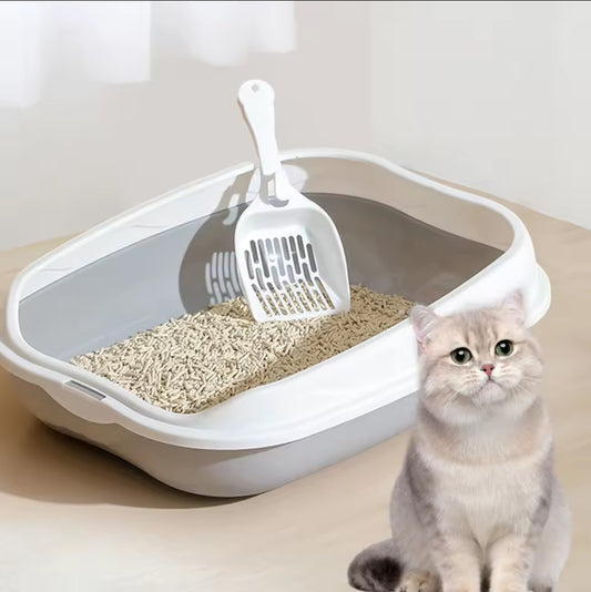Cat litter box with clumping cat litter and a white scoop
