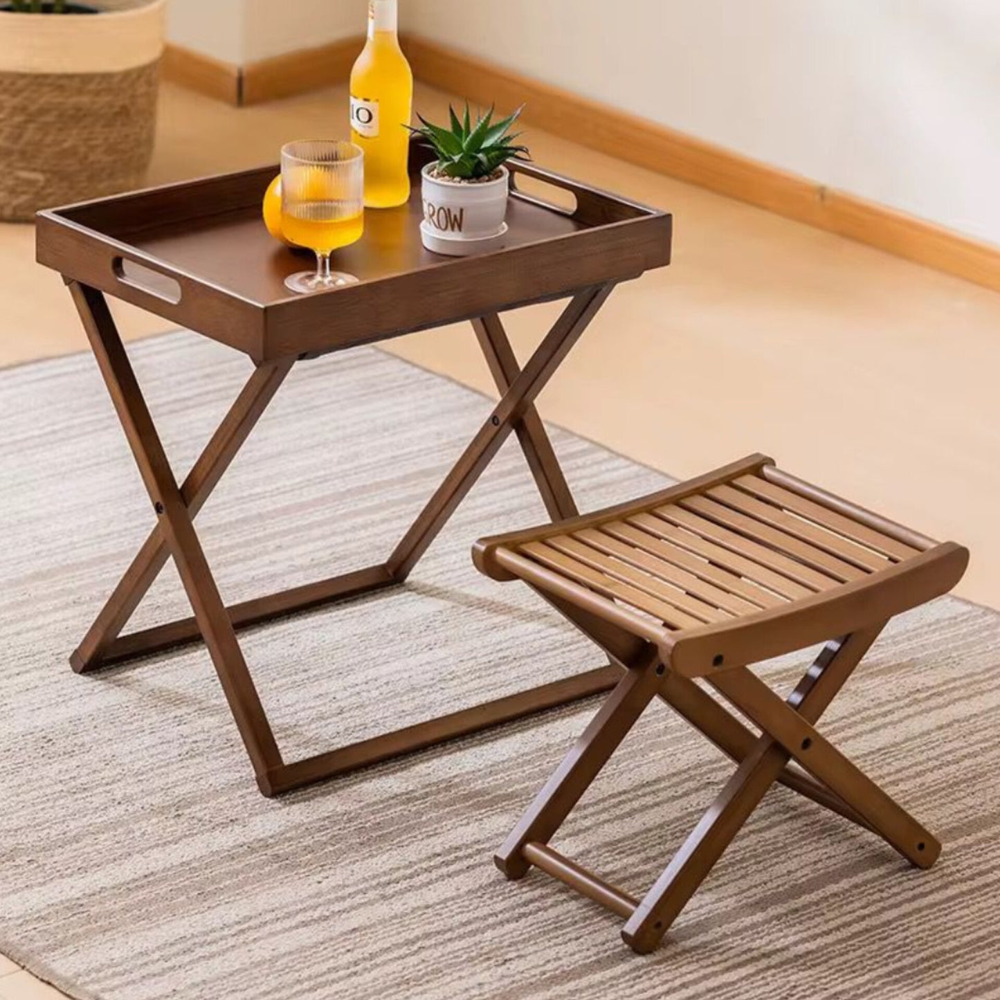 Foldable Wooden Side Table with Removable Tray Gha
