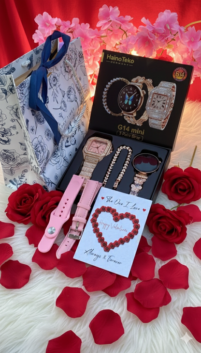 Valentine Mini Smartwatch and Iced Watch Gift Pack