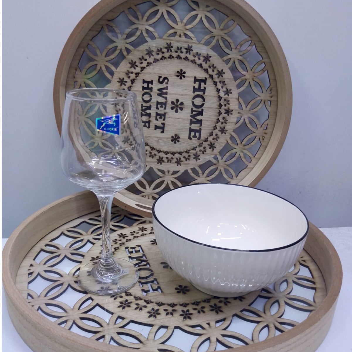 2Pcs Decorative Round Wooden Tray Set