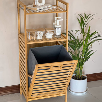 Bamboo Laundry Hamper with Storage Shelf and Fabric Liner