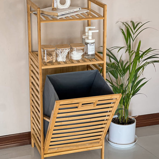 Bamboo Laundry Hamper with Storage Shelf and Fabric Liner