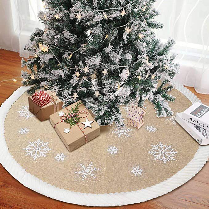 Rustic 90cm burlap Christmas tree skirt with white embroidered snowflakes and a ruffled white edge
