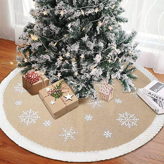 Rustic 90cm burlap Christmas tree skirt with white embroidered snowflakes and a ruffled white edge